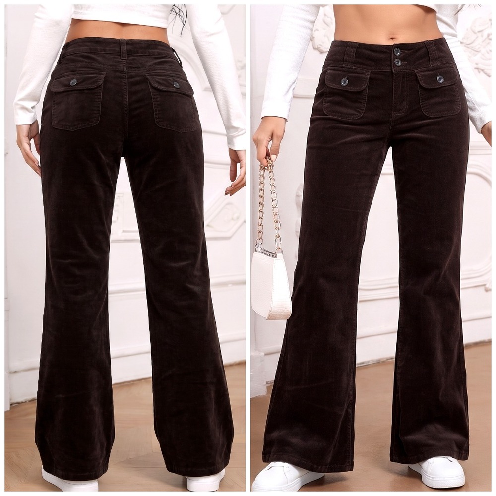 Y2K JORDACHE Black Low rise Flare corduroy Pants size 5 30 x 32 Flap Pockets Vtg